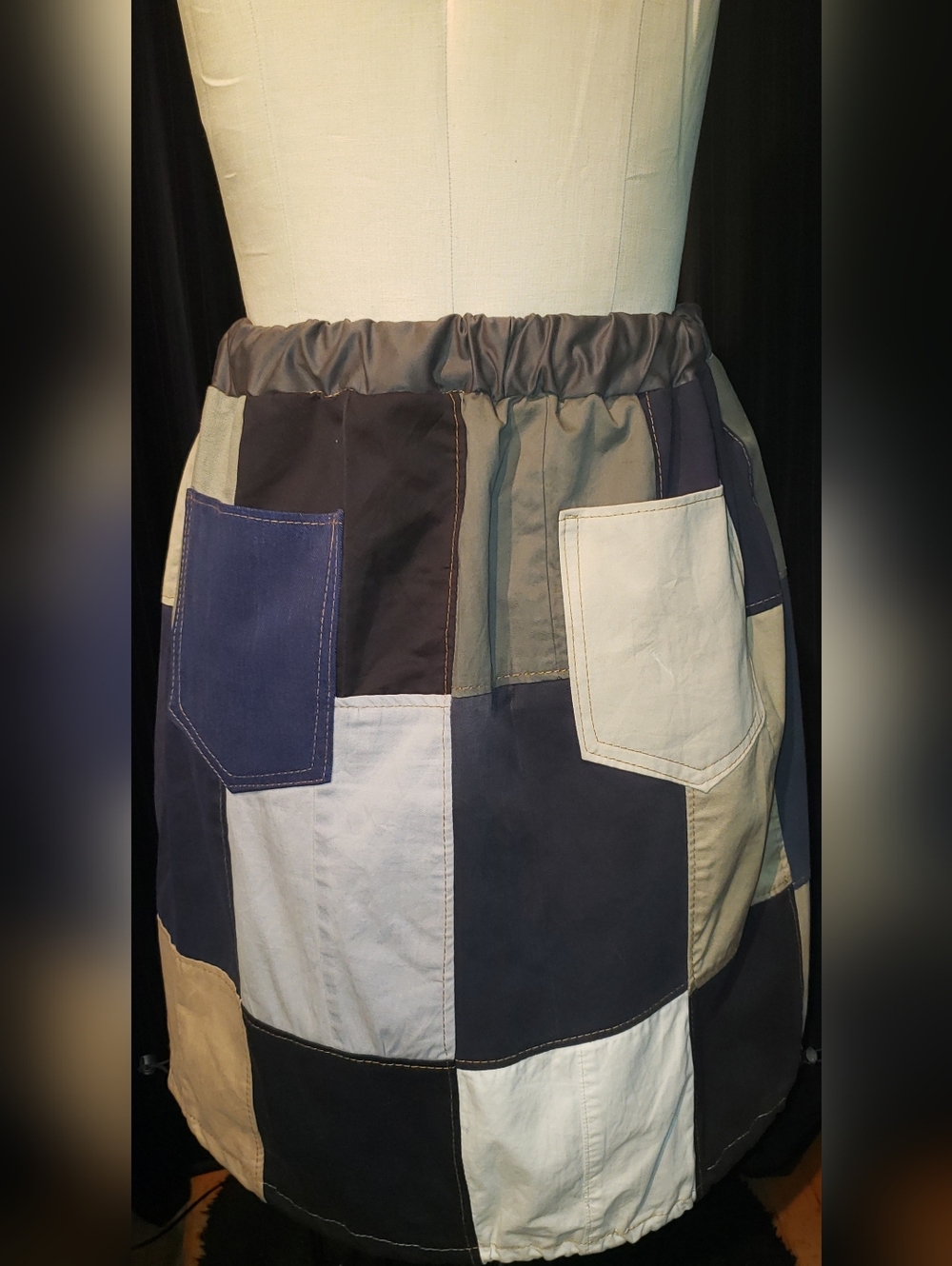 Customed Made Demin Patchwork Parachute Midi Skirt